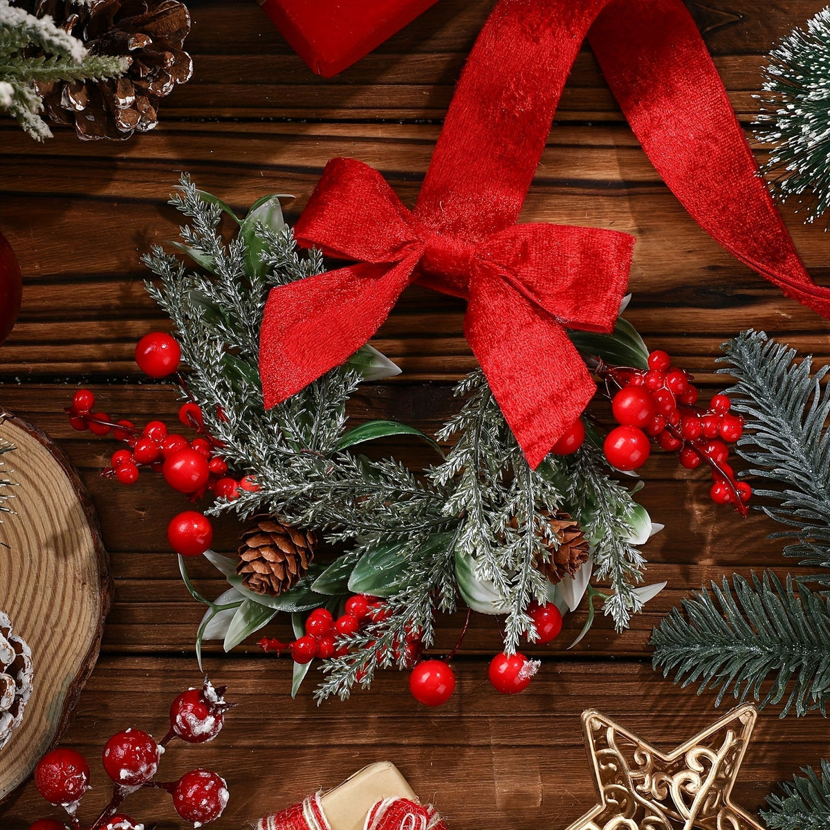 Set of 6 mini Christmas window wreaths with red bows
