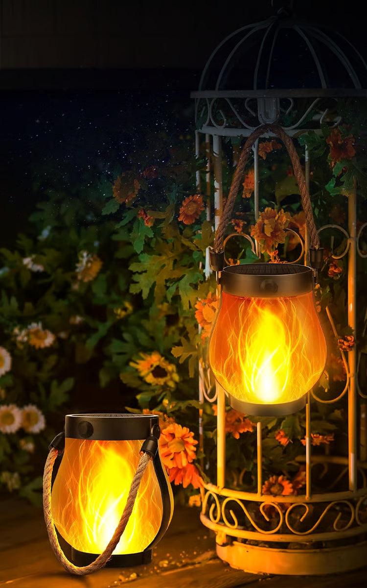 Solar LED lantern with flickering flame effect