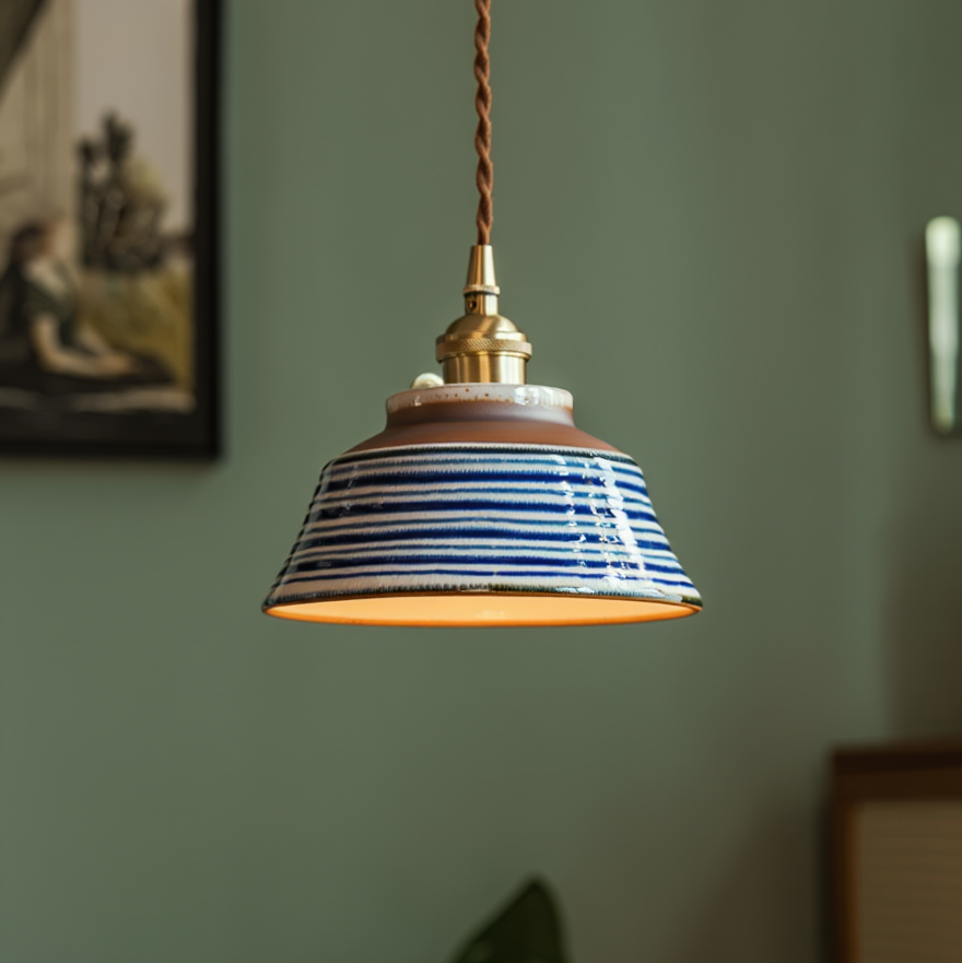 hand painted ceramic pendant light Indigo Stripes