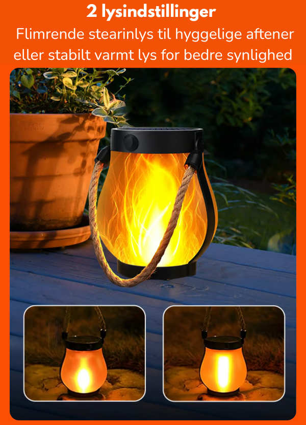 Solar LED lantern with flickering flame effect