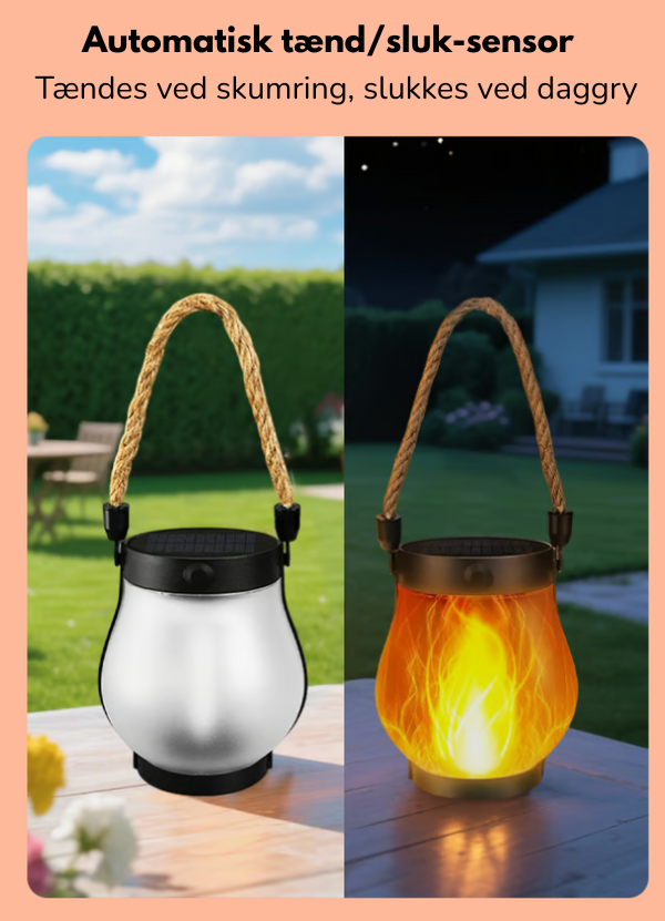 Solar LED lantern with flickering flame effect