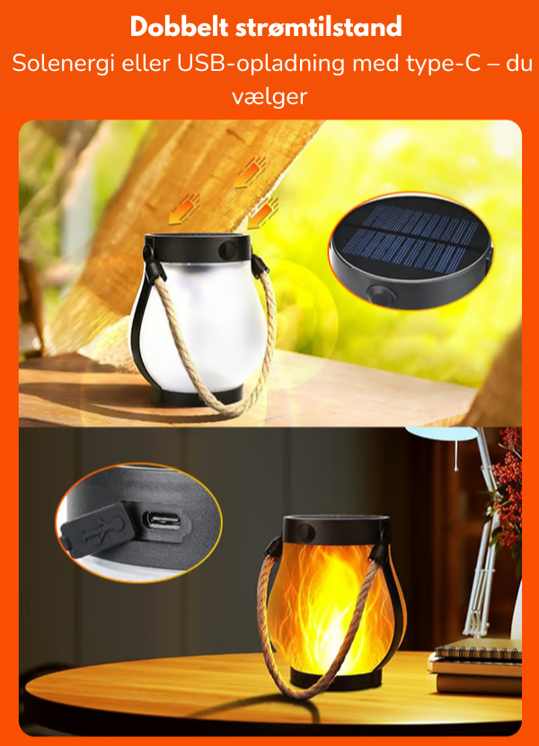 Solar LED lantern with flickering flame effect