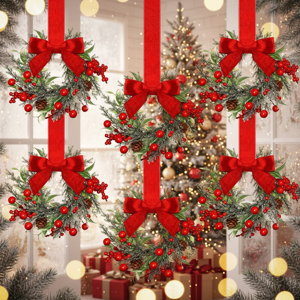 Set of 6 mini Christmas window wreaths with red bows