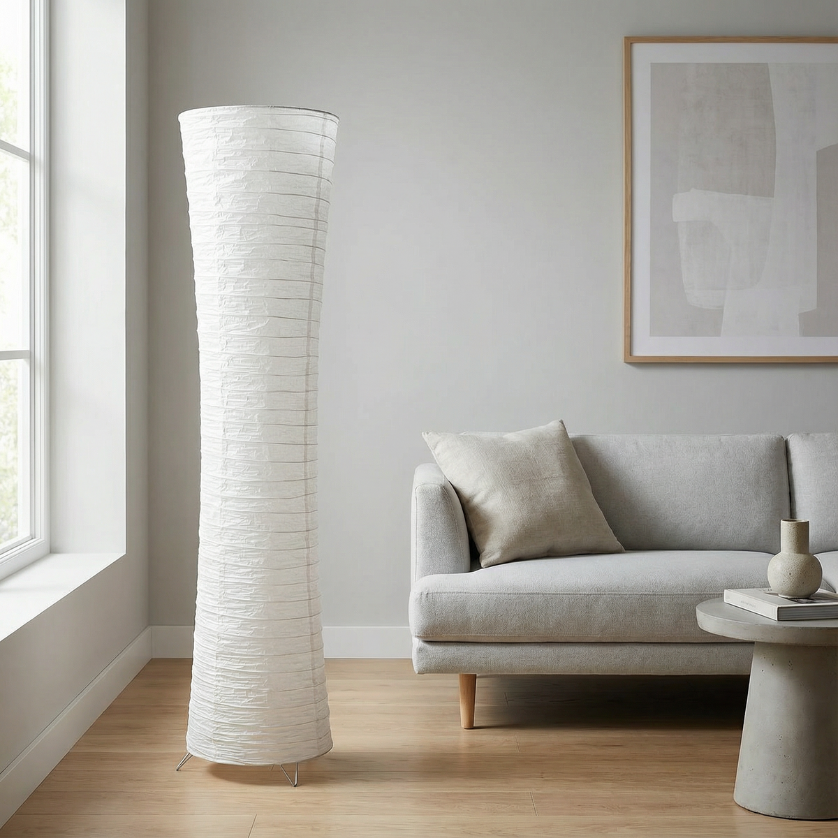Paper floor lamp beside sofa