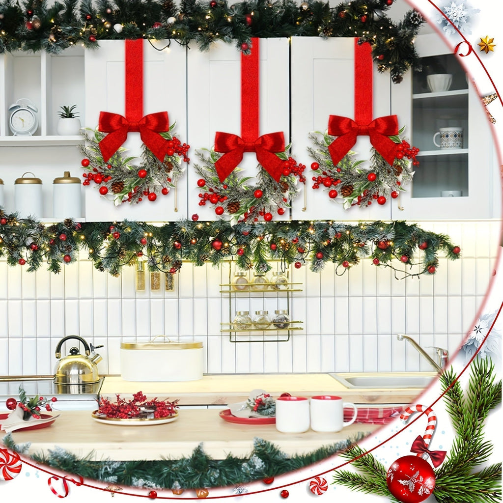 Set of 6 mini Christmas window wreaths with red bows