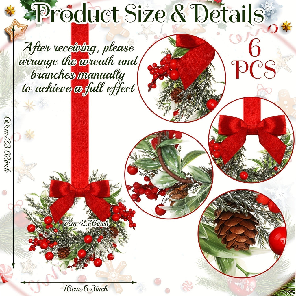 Set of 6 mini Christmas window wreaths with red bows