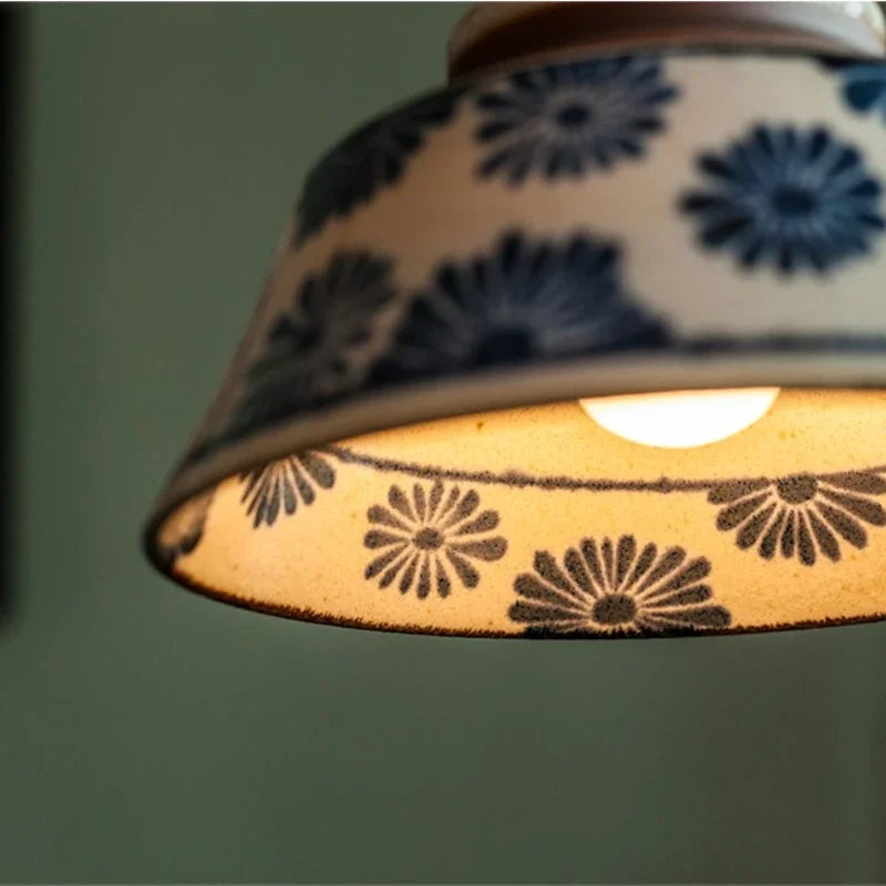 Hand painted pendant light in kitchen