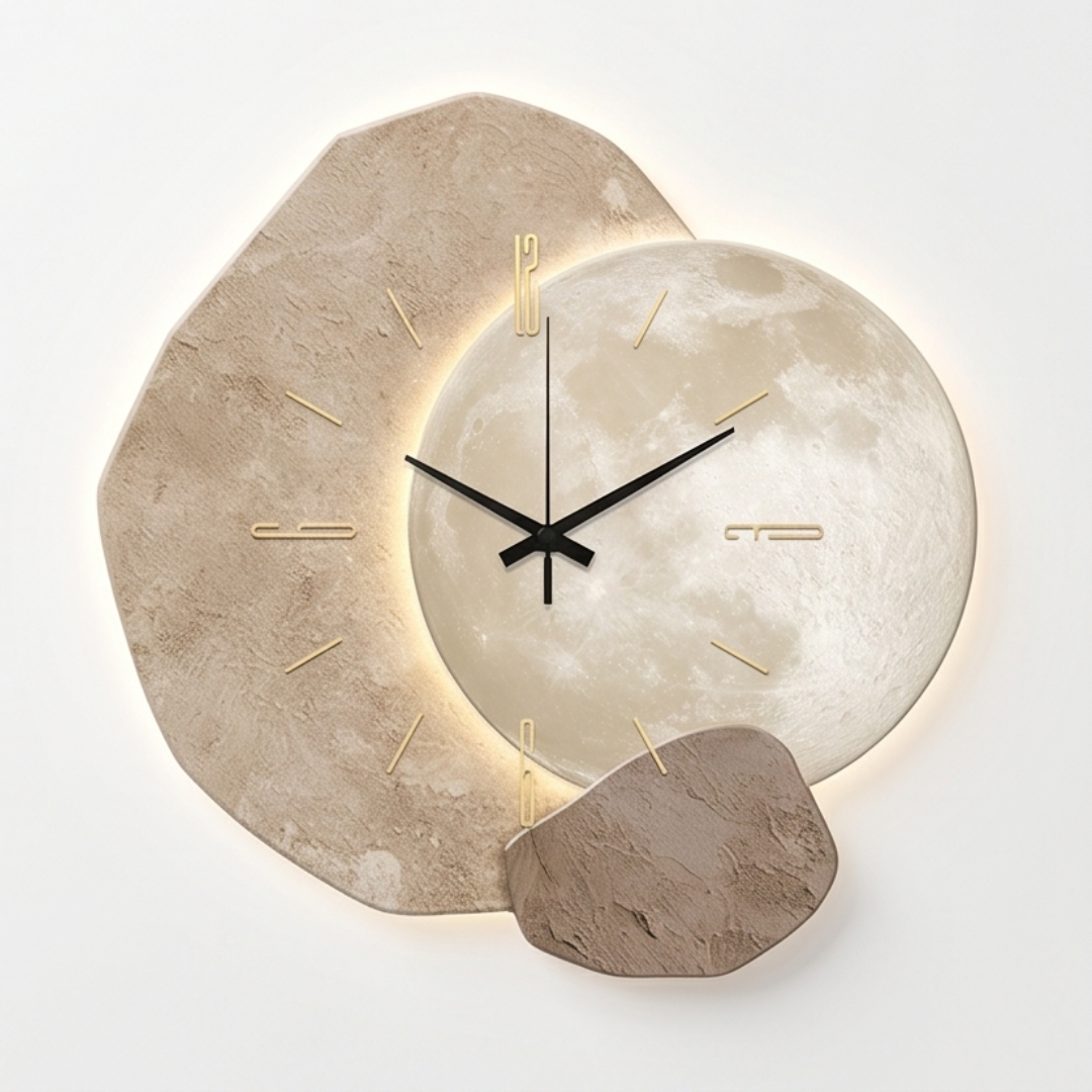 Moon wall clock with warm backlight and stone-texture frame