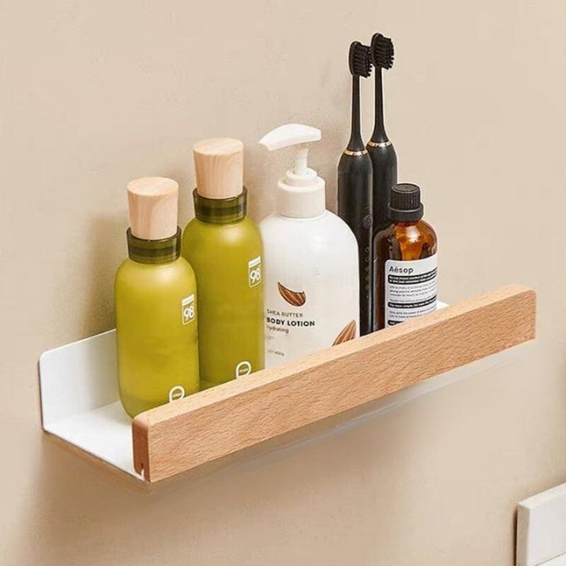 solid wood bathroom shelf Light Brown
