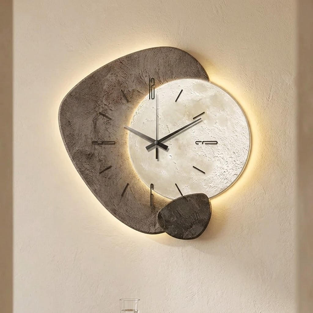 Moon wall clock with warm backlight and stone-texture frame