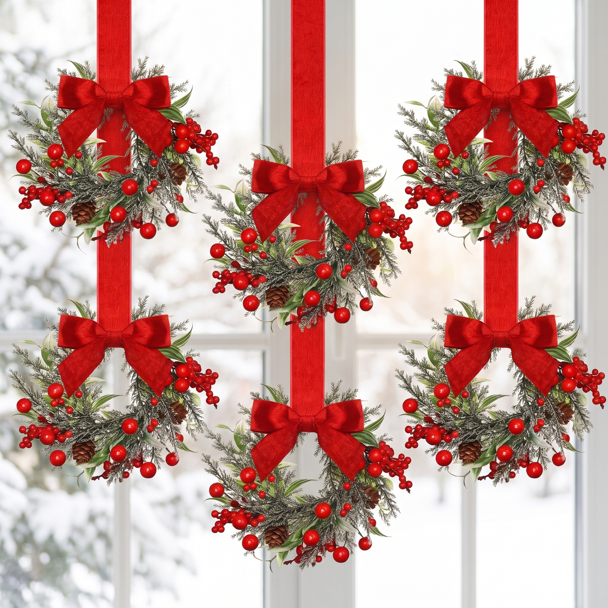 Set of 6 mini Christmas window wreaths with red bows