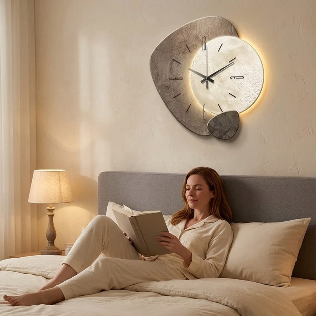 Moon wall clock with warm backlight and stone-texture frame